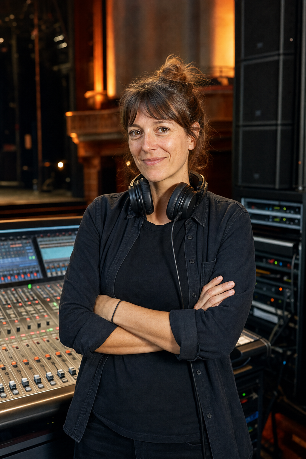 Portrait d'Elise Rey, ingénieure du son, devant sa console de mixage