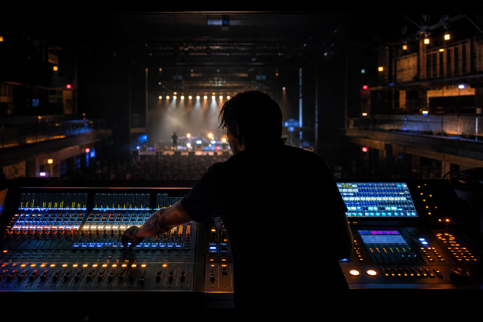 Régie technique son et lumière avec console de mixage et faders lumineux