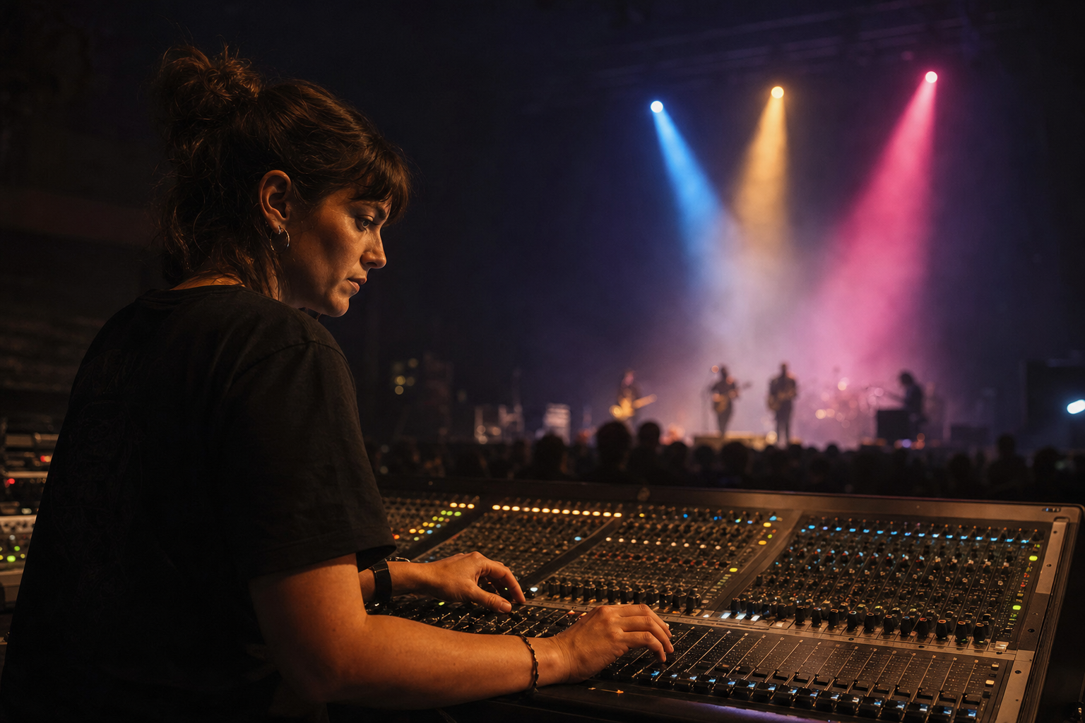 Ingénieure du son à la régie façade pendant un concert, faisceaux de projecteurs colorés dans la brume de scène