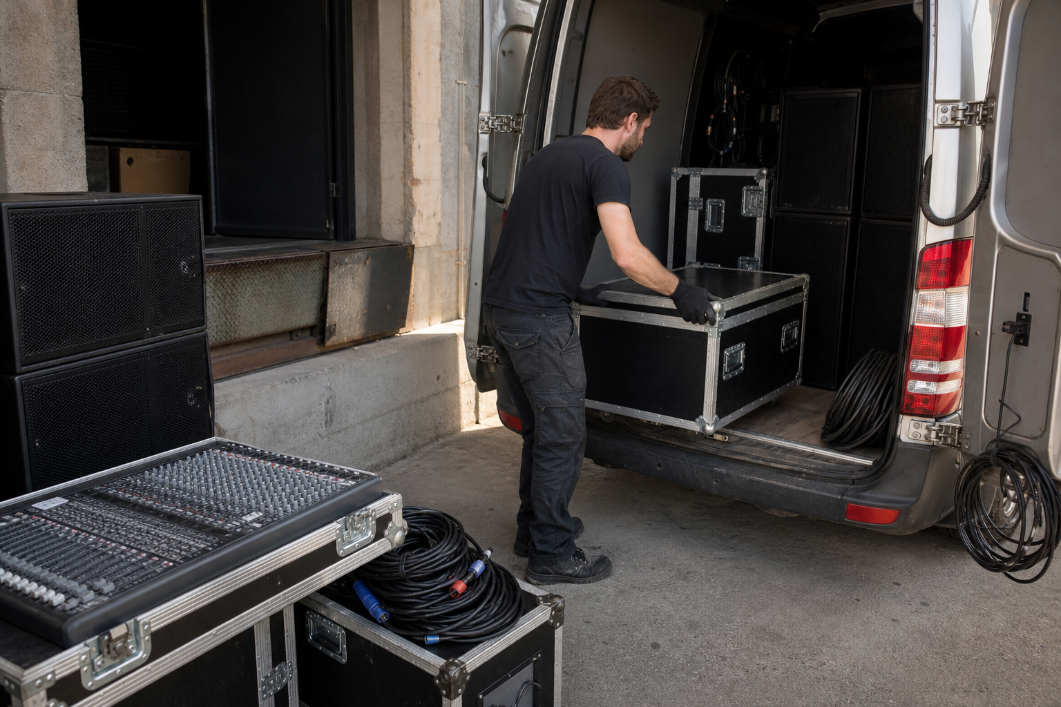 Technicien chargeant du matériel de sonorisation, enceintes et console, pour une location