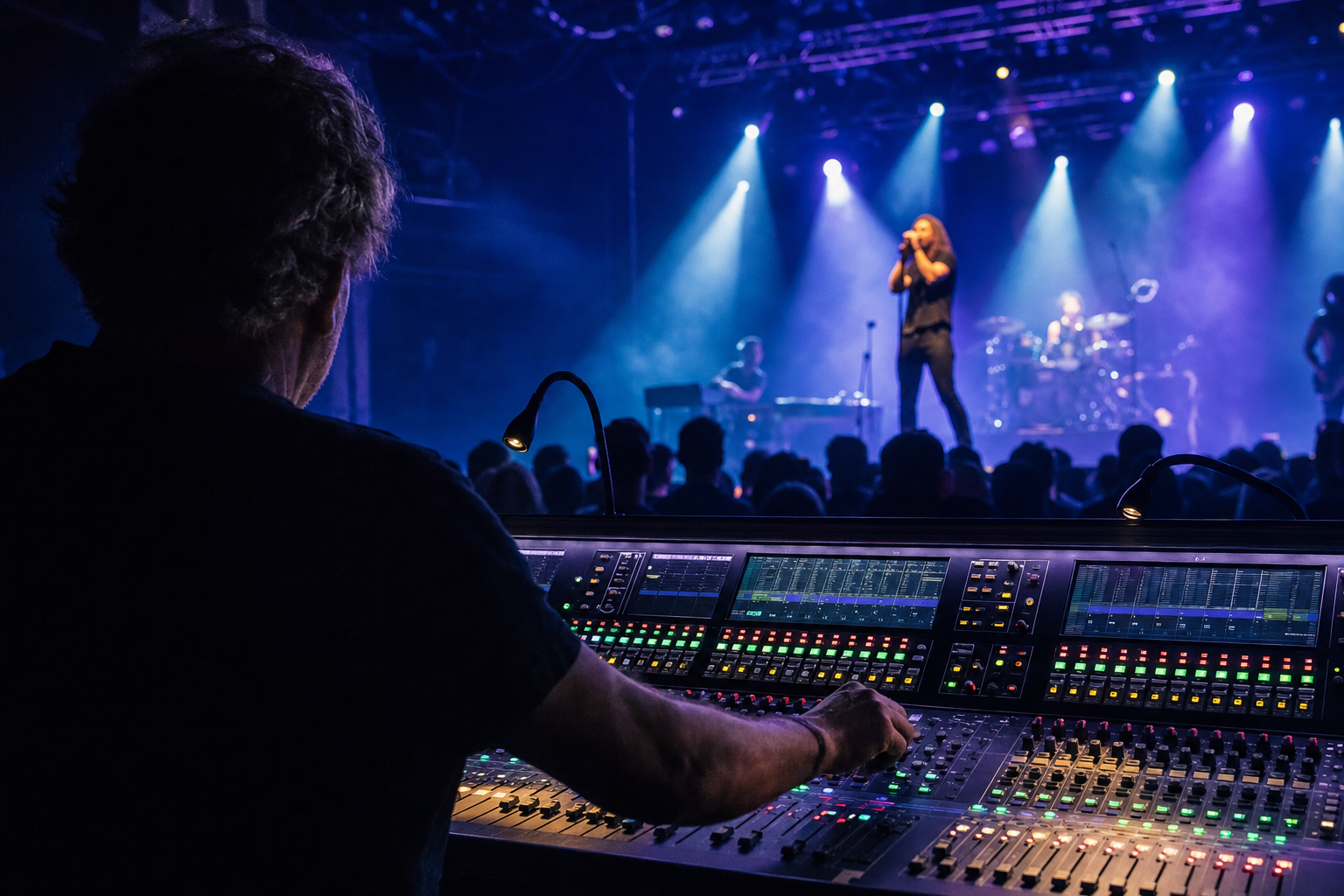 Sonorisation façade d'un concert live avec régisseur au mixage