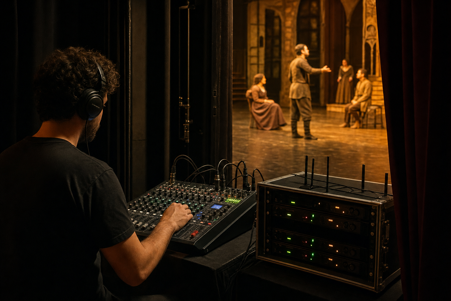 Régie son pour une pièce de théâtre, régisseuse aux commandes en coulisse